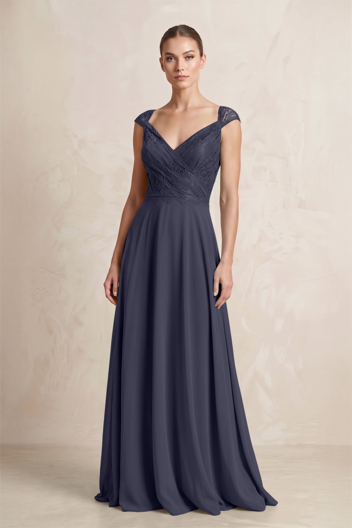 A-Line Chiffon V-Neck Pleated Bridesmaid Dress with Cap Sleeves in Dusk Blue