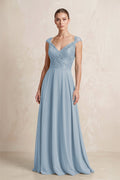 A-Line Chiffon V-Neck Pleated Bridesmaid Dress with Cap Sleeves in Dusty Blue