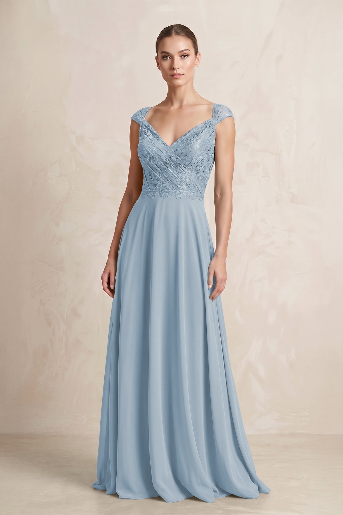 A-Line Chiffon V-Neck Pleated Bridesmaid Dress with Cap Sleeves in Dusty Blue