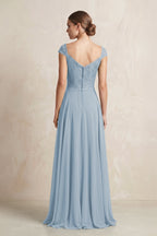 A-Line Chiffon V-Neck Pleated Bridesmaid Dress with Cap Sleeves in Dusty Blue