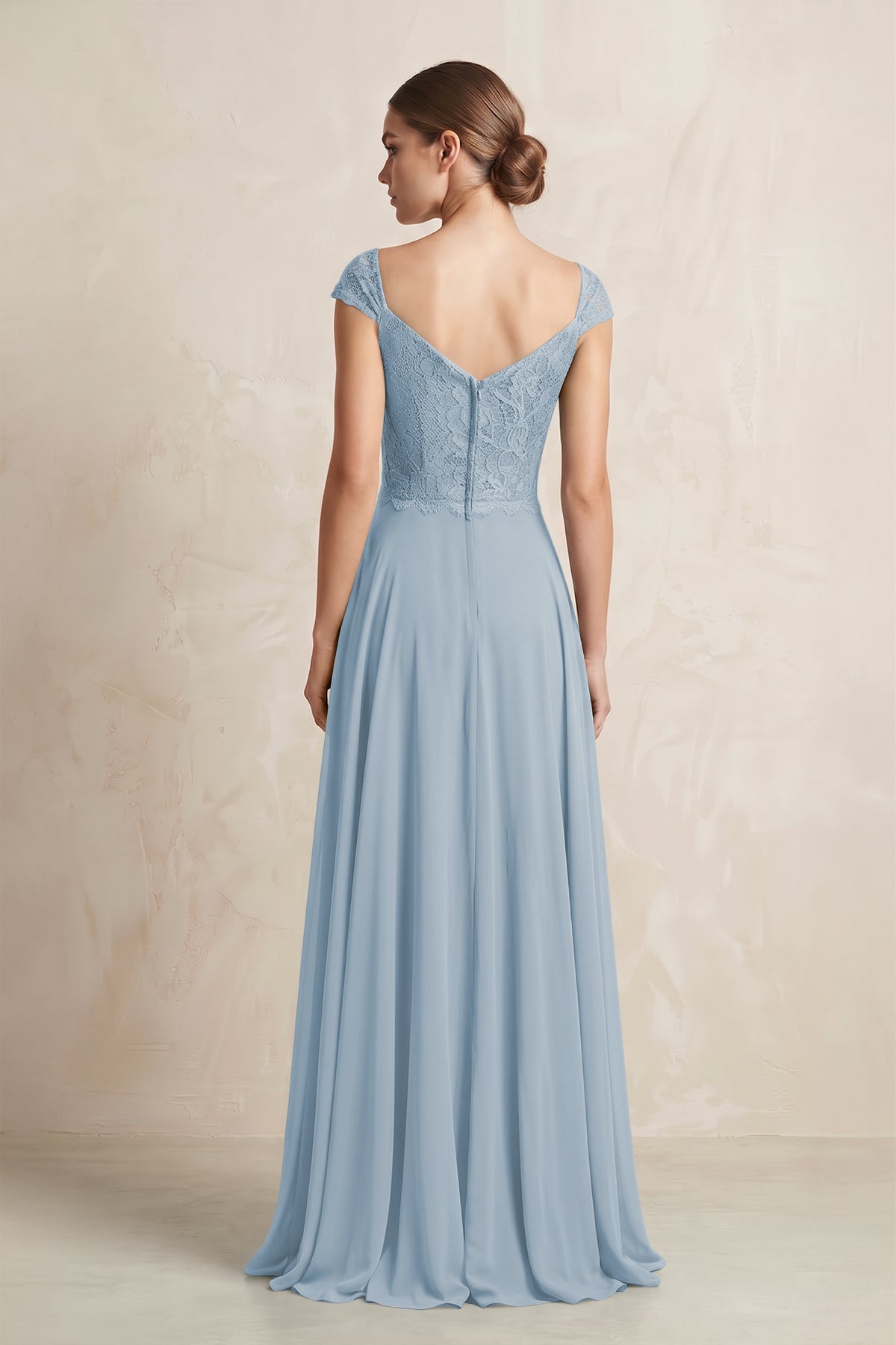 A-Line Chiffon V-Neck Pleated Bridesmaid Dress with Cap Sleeves in Dusty Blue