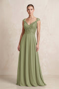 A-Line Chiffon V-Neck Pleated Bridesmaid Dress with Cap Sleeves in Moss Green