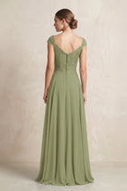 A-Line Chiffon V-Neck Pleated Bridesmaid Dress with Cap Sleeves in Moss Green