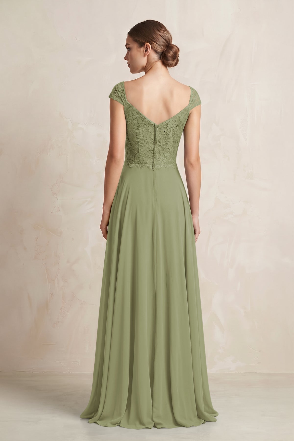 A-Line Chiffon V-Neck Pleated Bridesmaid Dress with Cap Sleeves in Moss Green