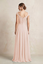 A-Line Chiffon V-Neck Pleated Bridesmaid Dress with Cap Sleeves in Pale Blush
