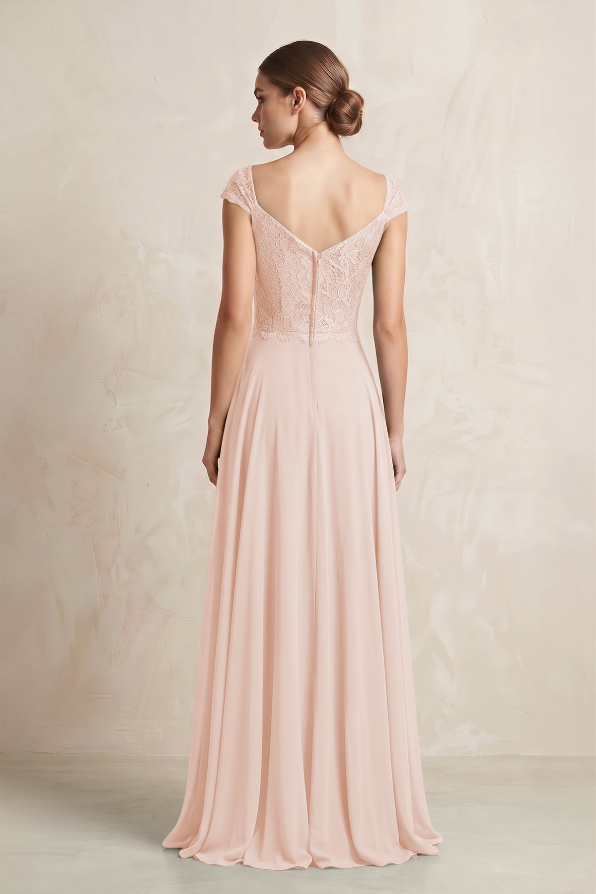 A-Line Chiffon V-Neck Pleated Bridesmaid Dress with Cap Sleeves in Pale Blush
