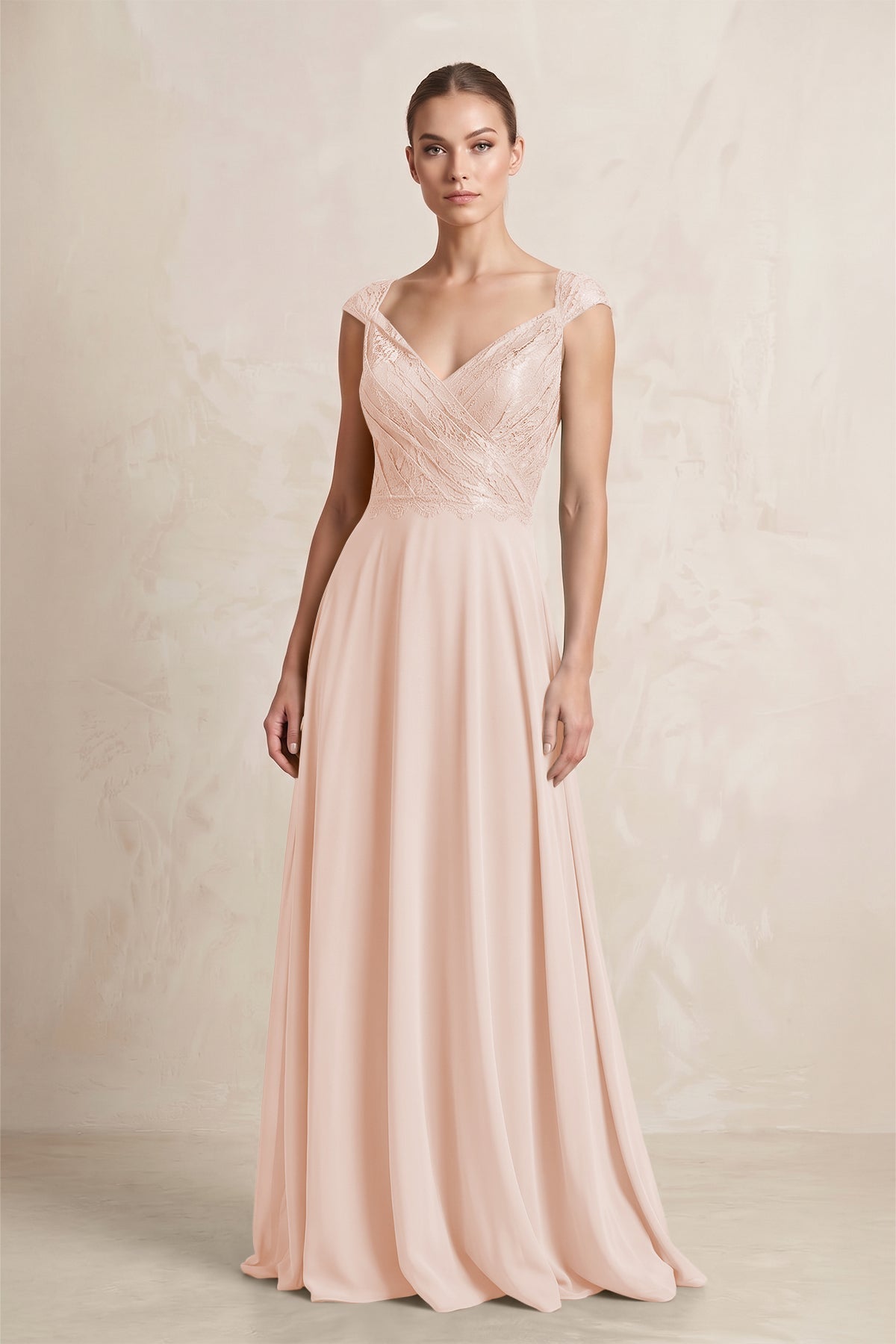 A-Line Chiffon V-Neck Pleated Bridesmaid Dress with Cap Sleeves in Pale Blush