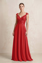 A-Line Chiffon V-Neck Pleated Bridesmaid Dress with Cap Sleeves in Ruby Red