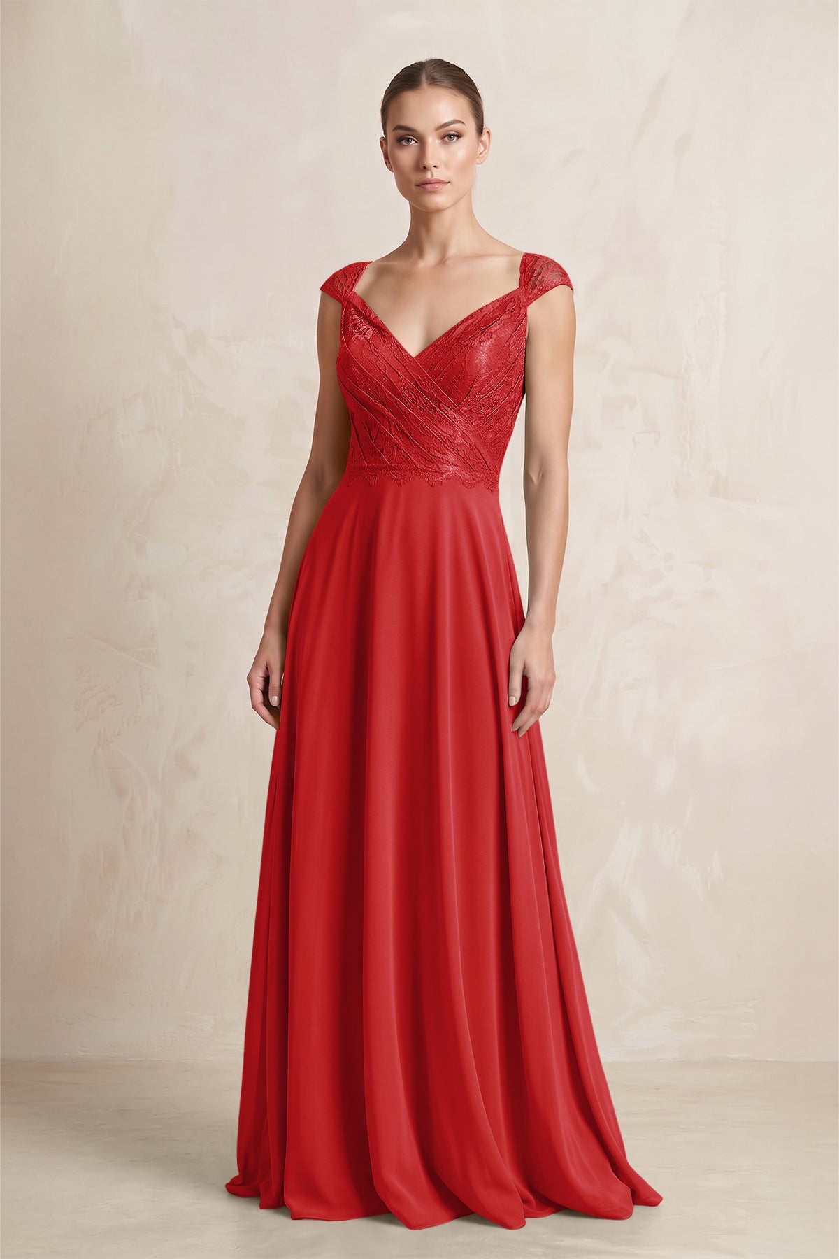 A-Line Chiffon V-Neck Pleated Bridesmaid Dress with Cap Sleeves in Ruby Red