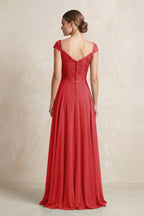 A-Line Chiffon V-Neck Pleated Bridesmaid Dress with Cap Sleeves in Ruby Red