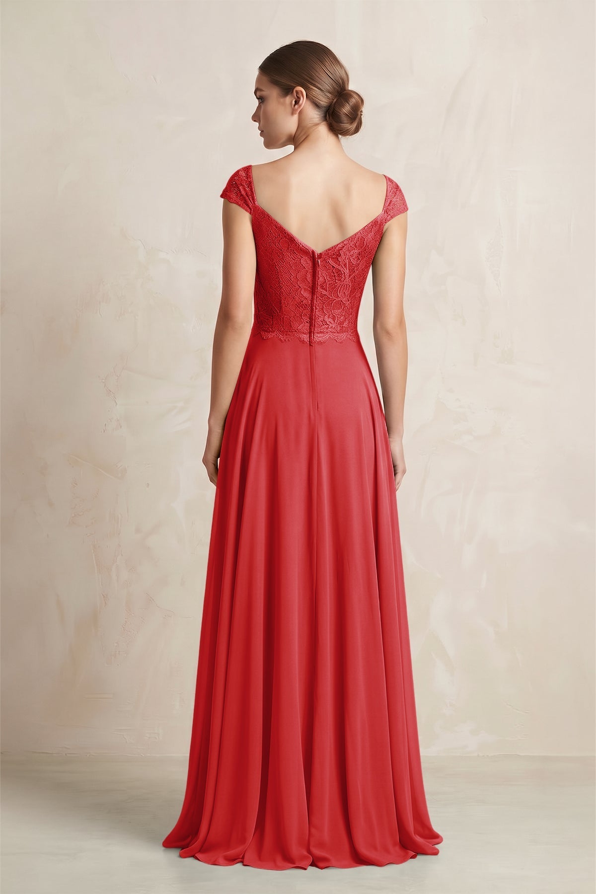 A-Line Chiffon V-Neck Pleated Bridesmaid Dress with Cap Sleeves in Ruby Red