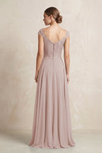 A-Line Chiffon V-Neck Pleated Bridesmaid Dress with Cap Sleeves in Toffee