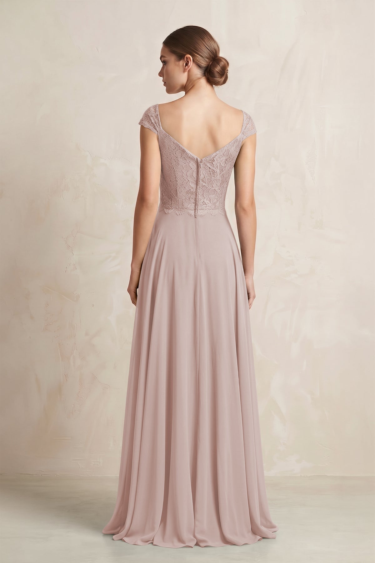 A-Line Chiffon V-Neck Pleated Bridesmaid Dress with Cap Sleeves in Toffee