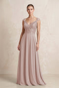 A-Line Chiffon V-Neck Pleated Bridesmaid Dress with Cap Sleeves in Toffee