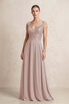 A-Line Chiffon V-Neck Pleated Bridesmaid Dress with Cap Sleeves in Toffee