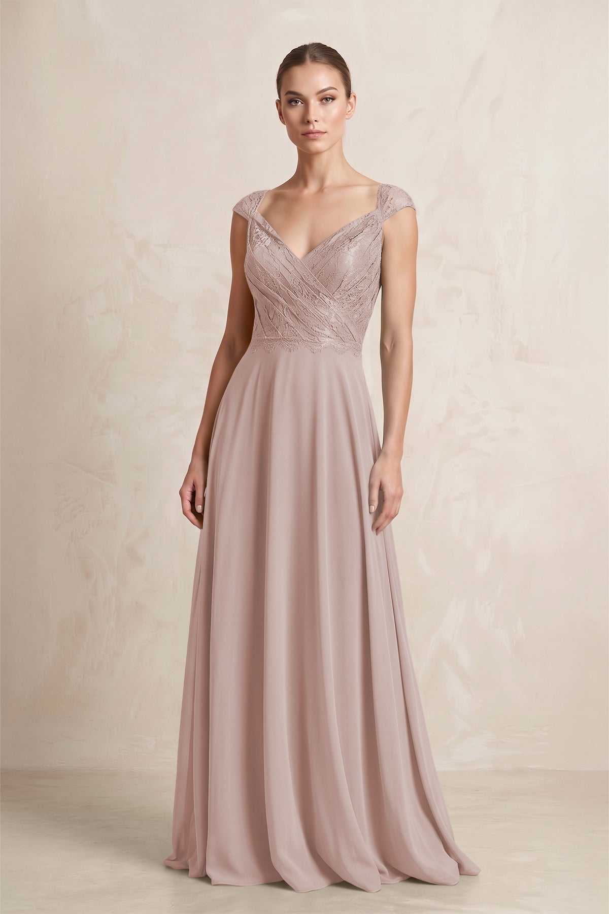 A-Line Chiffon V-Neck Pleated Bridesmaid Dress with Cap Sleeves in Toffee