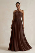 A-Line Halter Chiffon Ruched Bridesmaid Dress in Espresso
