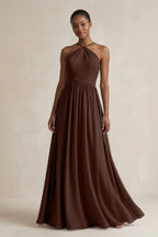 A-Line Halter Chiffon Ruched Bridesmaid Dress in Espresso