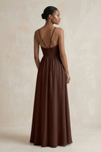 A-Line Halter Chiffon Ruched Bridesmaid Dress in Espresso