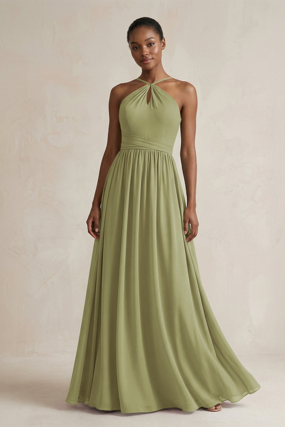 A-Line Halter Chiffon Ruched Bridesmaid Dress in Moss Green