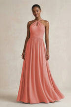 A-Line Halter Chiffon Ruched Bridesmaid Dress in Mulberry