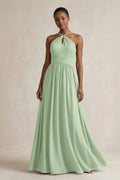 A-Line Halter Chiffon Ruched Bridesmaid Dress in Sage