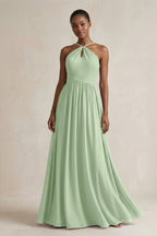 A-Line Halter Chiffon Ruched Bridesmaid Dress in Sage