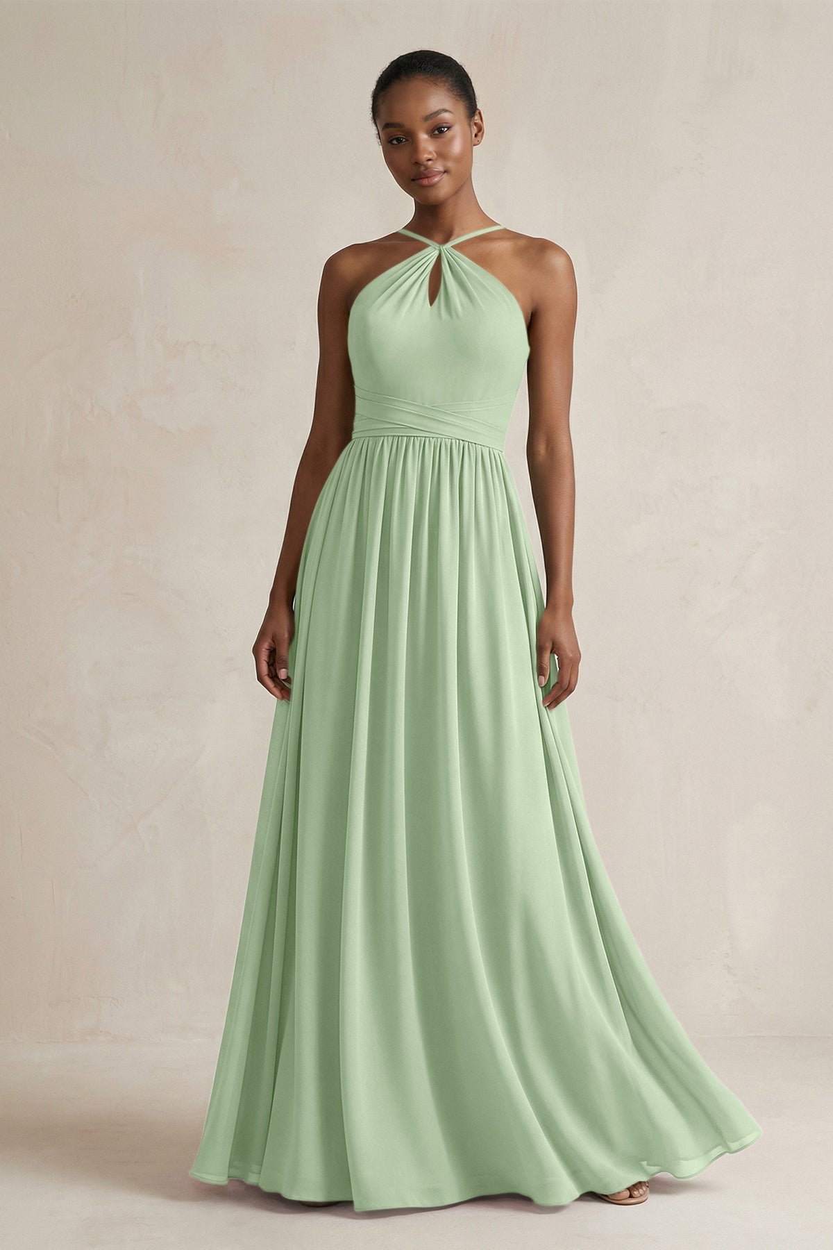 A-Line Halter Chiffon Ruched Bridesmaid Dress in Sage