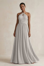 A-Line Halter Chiffon Ruched Bridesmaid Dress in Silver