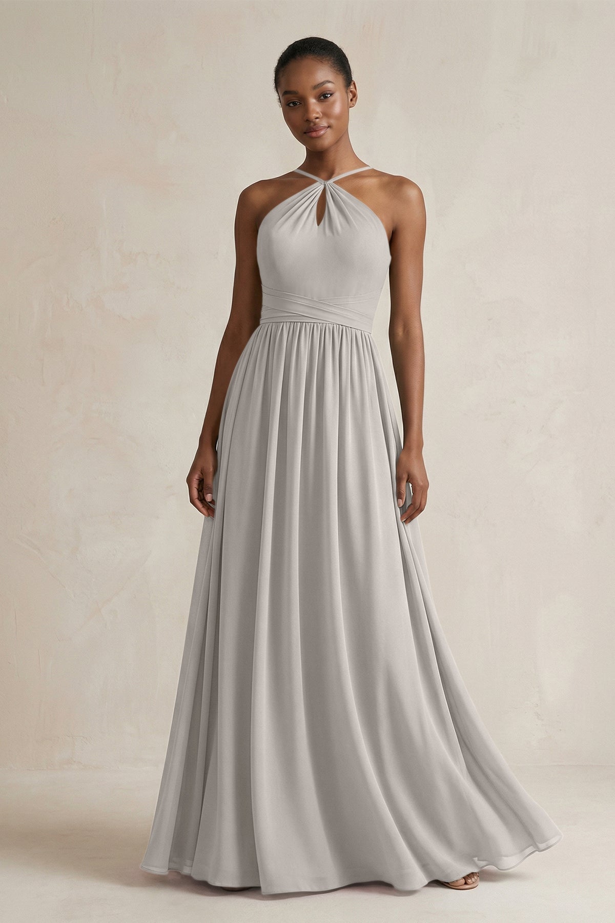 A-Line Halter Chiffon Ruched Bridesmaid Dress in Silver