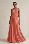 A-Line Halter Chiffon Ruched Bridesmaid Dress in Wild Rose