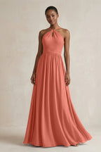 A-Line Halter Chiffon Ruched Bridesmaid Dress in Wild Rose