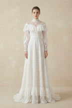A-Line High Neck Long Sleeve Lace Wedding Dress