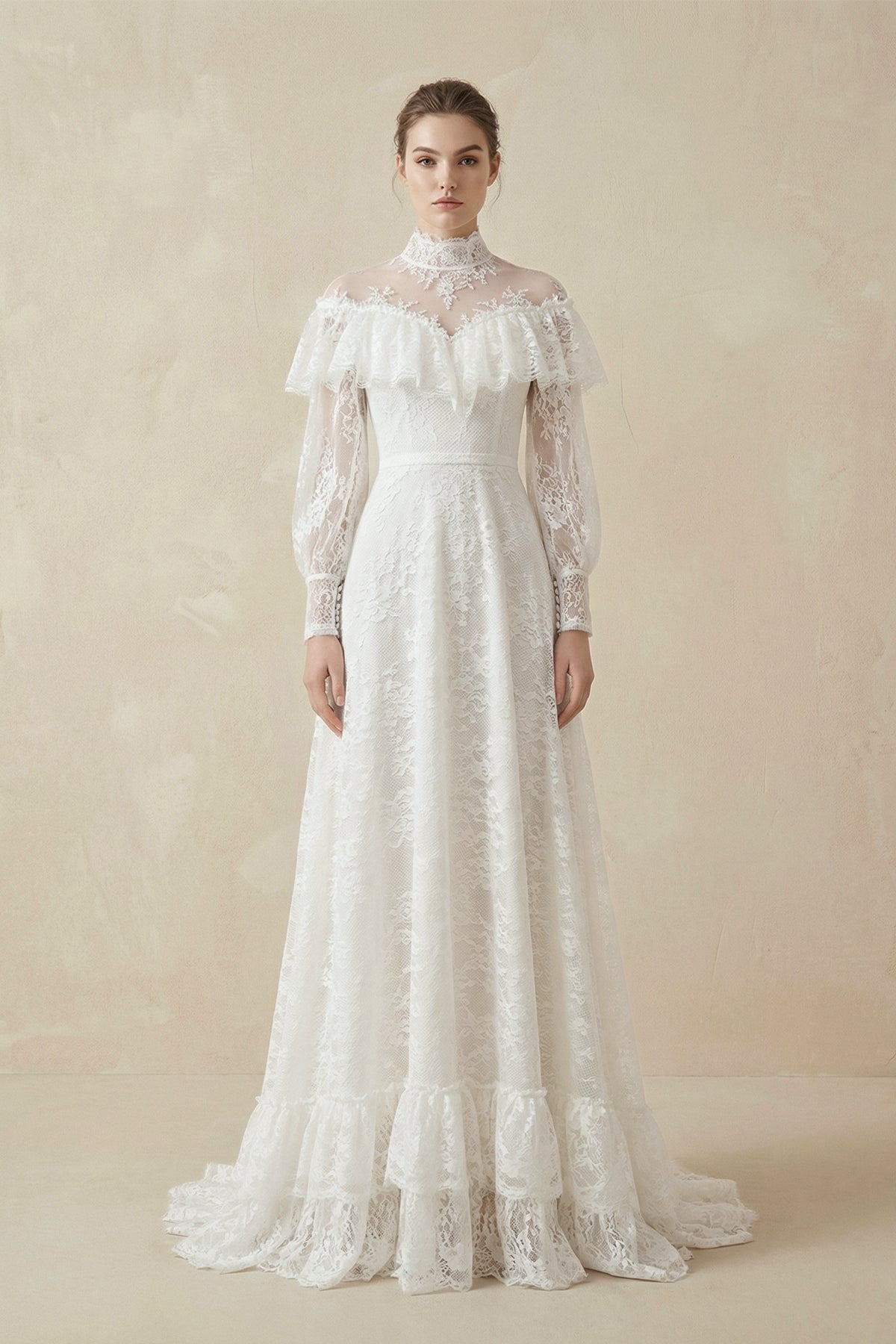 A-Line High Neck Long Sleeve Lace Wedding Dress