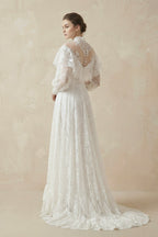 A-Line High Neck Long Sleeve Lace Wedding Dress