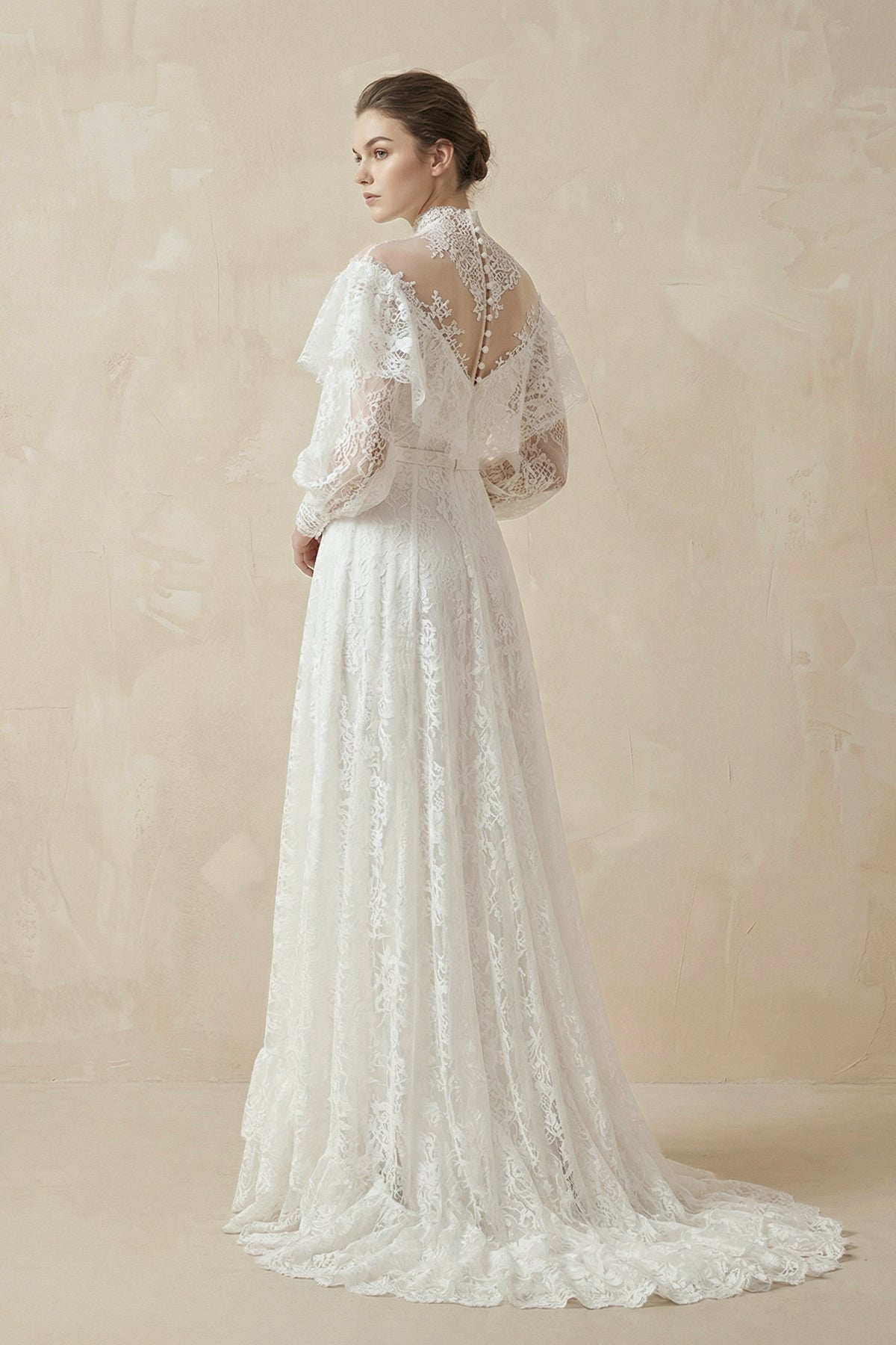 A-Line High Neck Long Sleeve Lace Wedding Dress