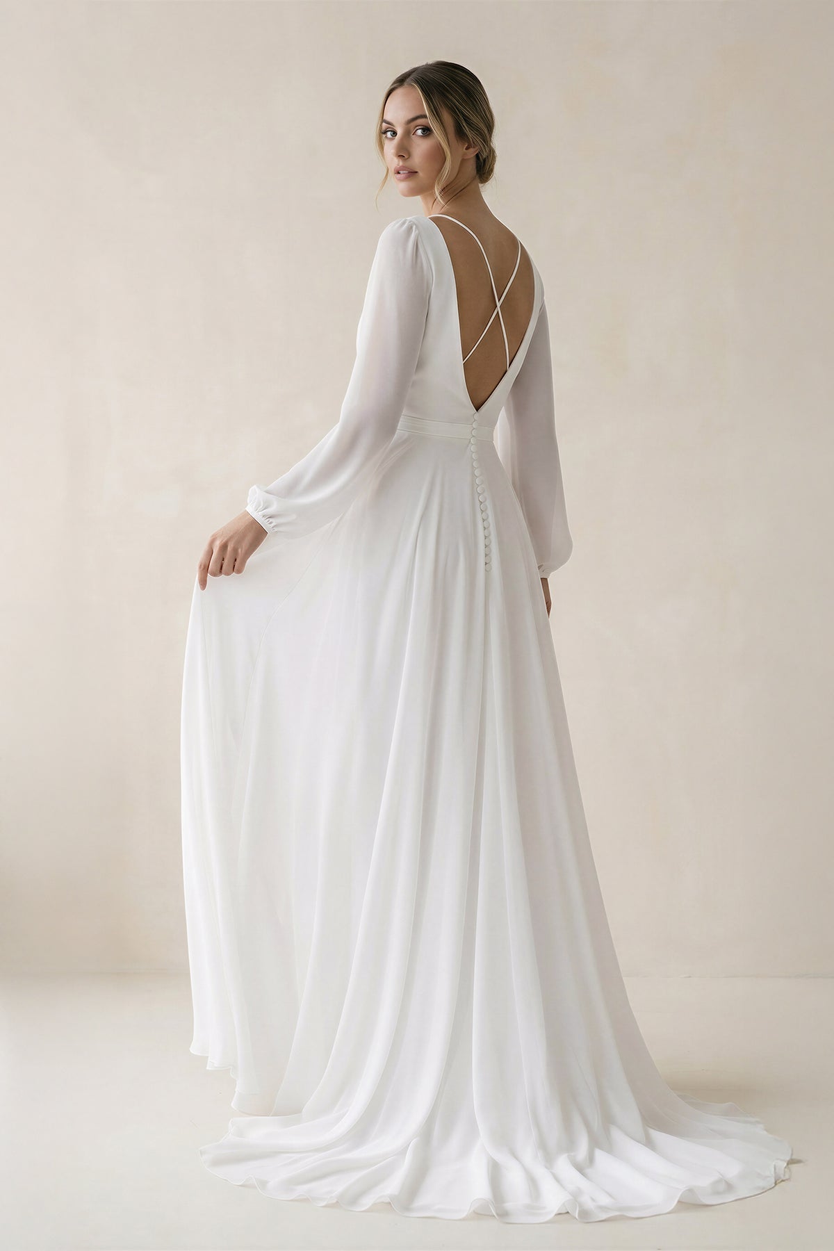 A-Line Boat Neck Chiffon Wedding Dresses in White