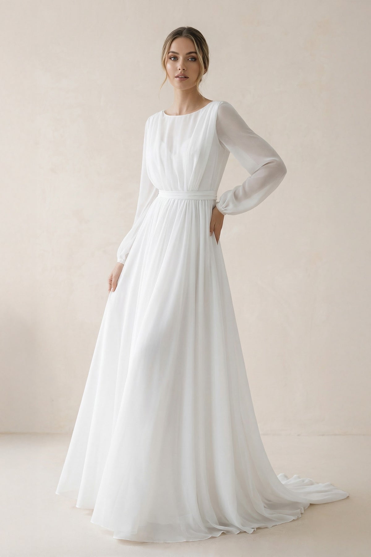 A-Line Boat Neck Chiffon Wedding Dresses in White