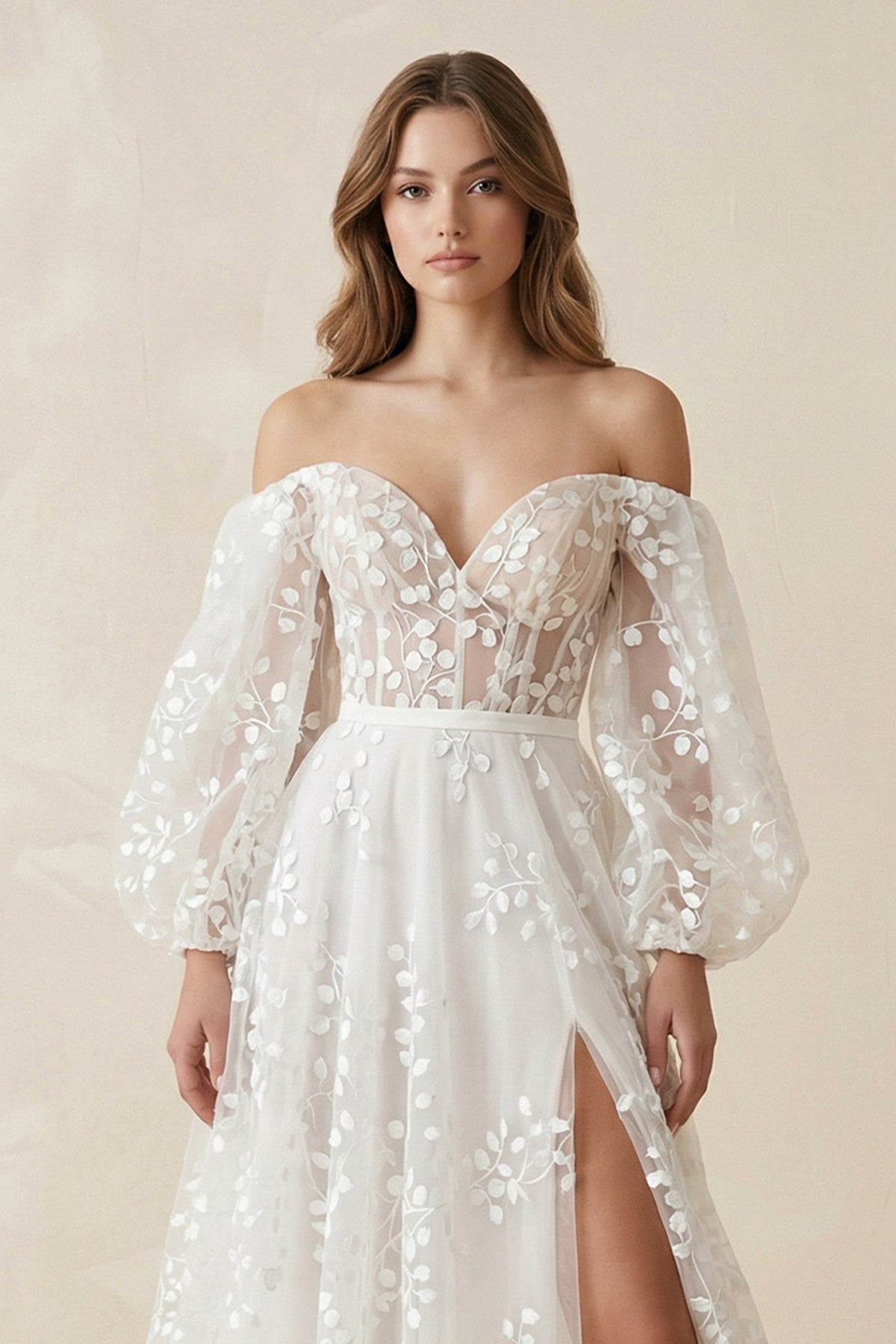 A-Line Ivory Off-the-Shoulder Tulle Wedding Dress With Slit