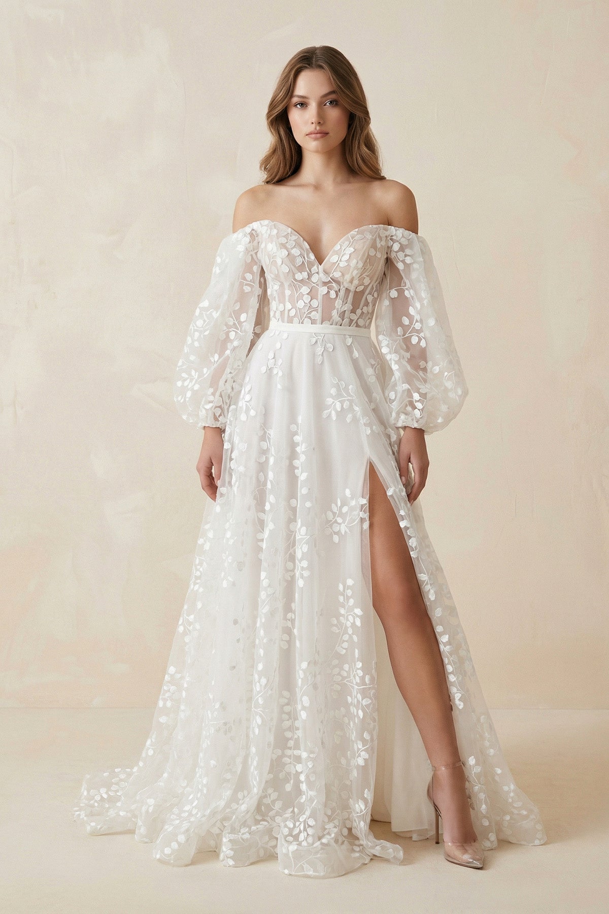 A-Line Ivory Off-the-Shoulder Tulle Wedding Dress With Slit