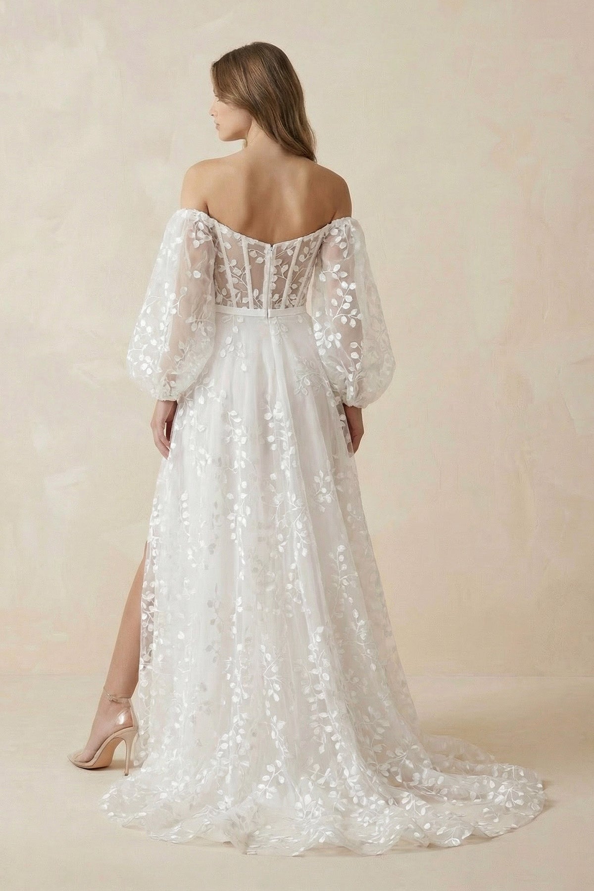 A-Line Ivory Off-the-Shoulder Tulle Wedding Dress With Slit