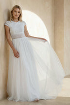A Line Lace Cap Sleeves Wedding Dress in White