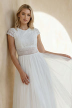 A Line Lace Cap Sleeves Wedding Dress in White
