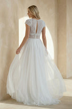 A Line Lace Cap Sleeves Wedding Dress in White
