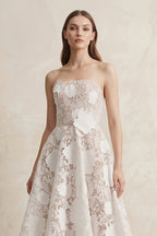 A-Line Lace Midi Strapless Ruched Wedding Dress in White