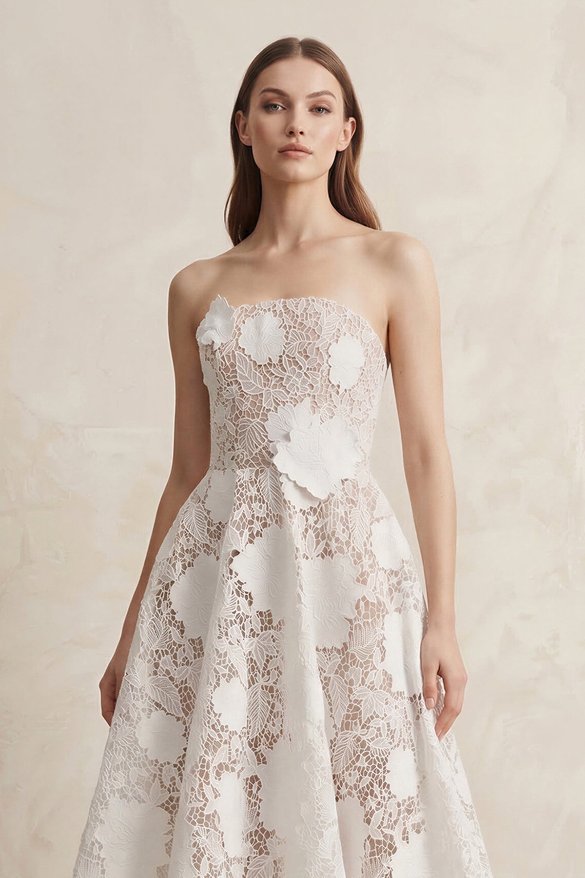 A-Line Lace Midi Strapless Ruched Wedding Dress in White
