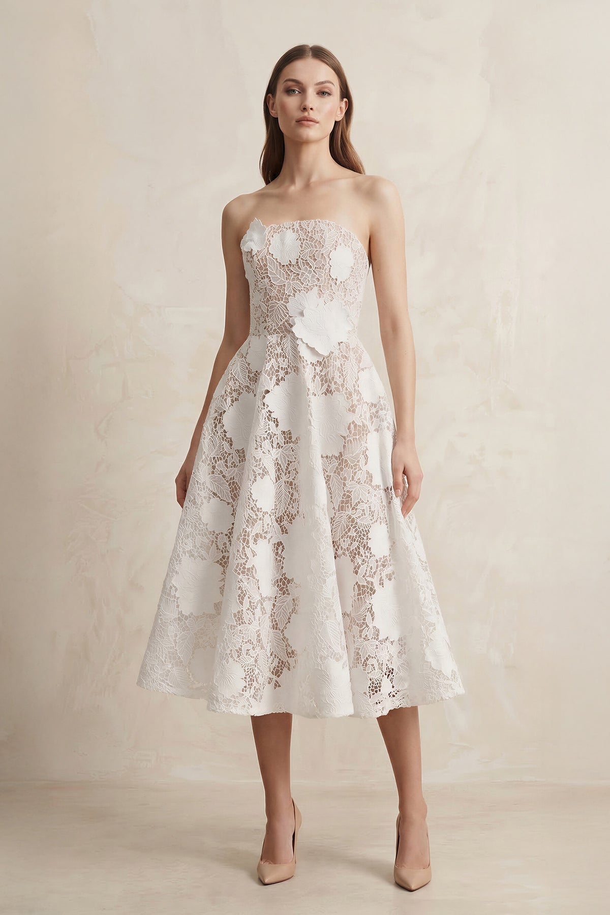 A-Line Lace Midi Strapless Ruched Wedding Dress in White
