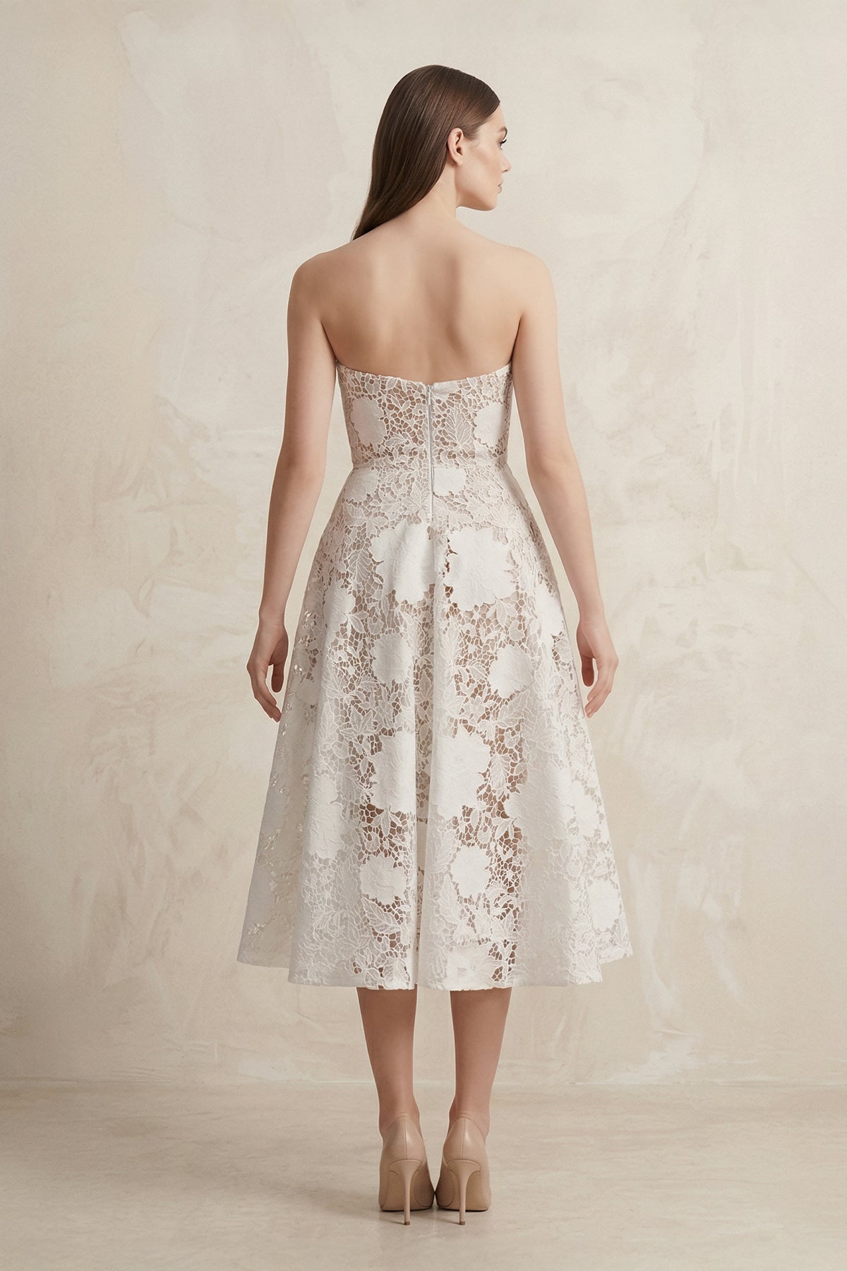 A-Line Lace Midi Strapless Ruched Wedding Dress in White