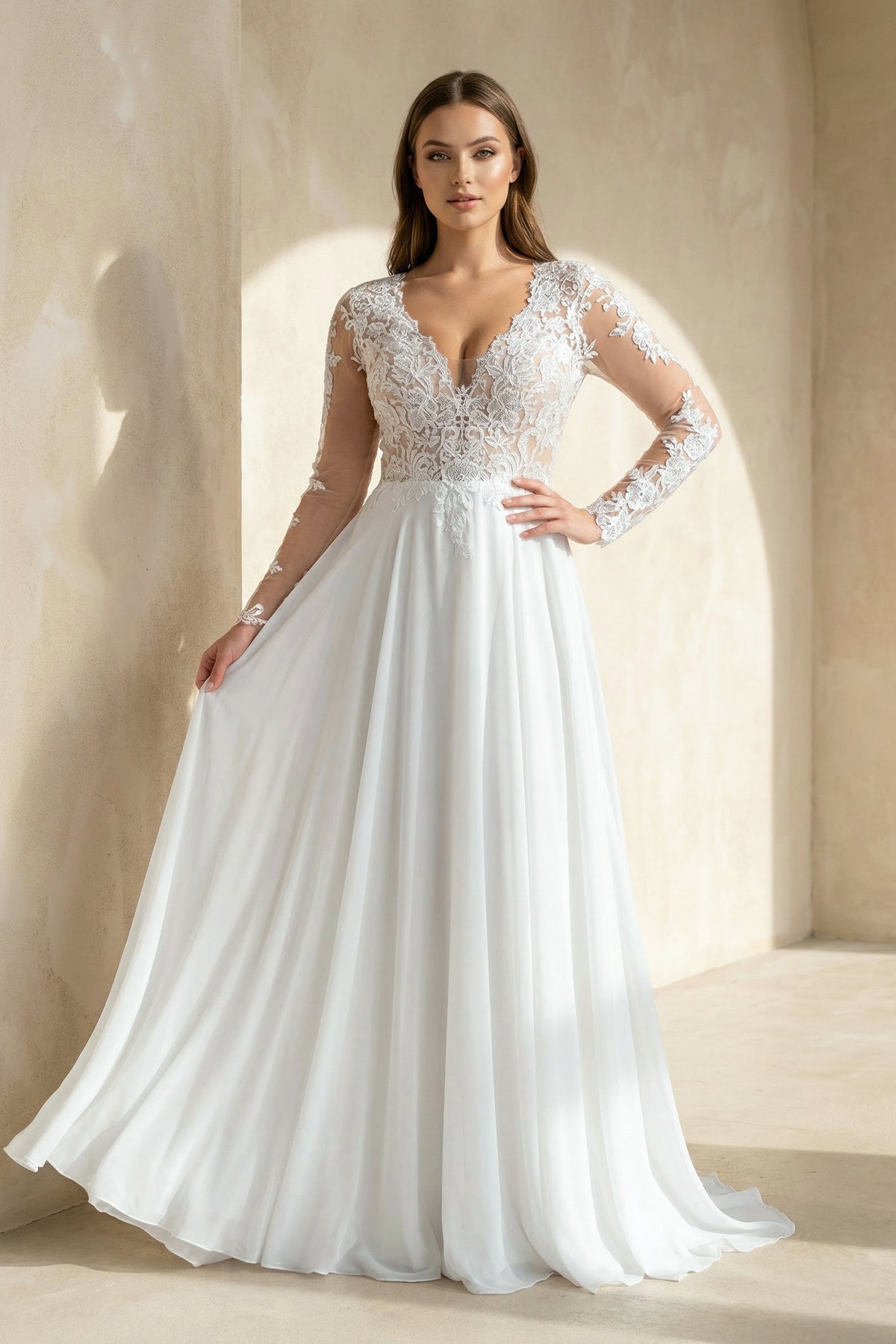 A-Line Long Sleeve Lace Wedding Dress in White