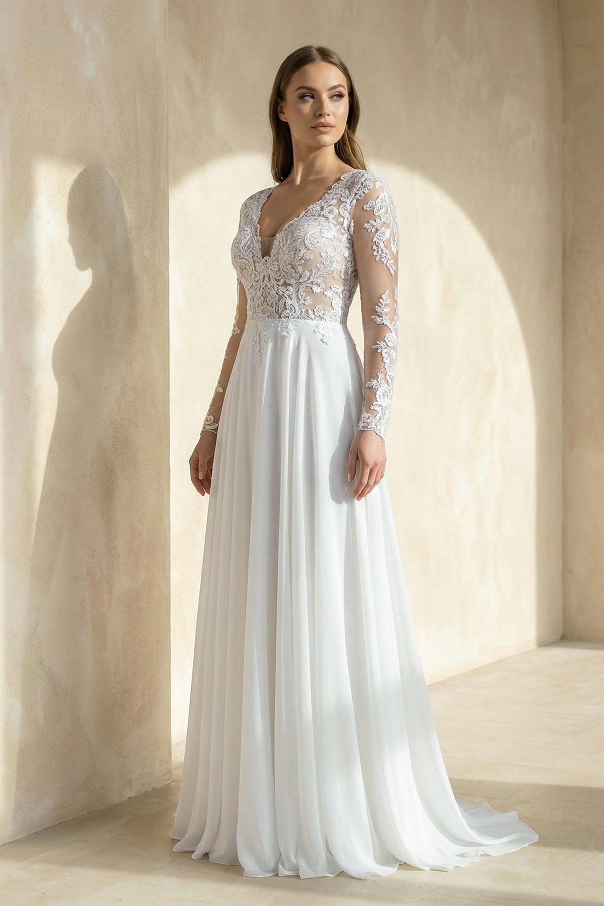 A-Line Long Sleeve Lace Wedding Dress in White